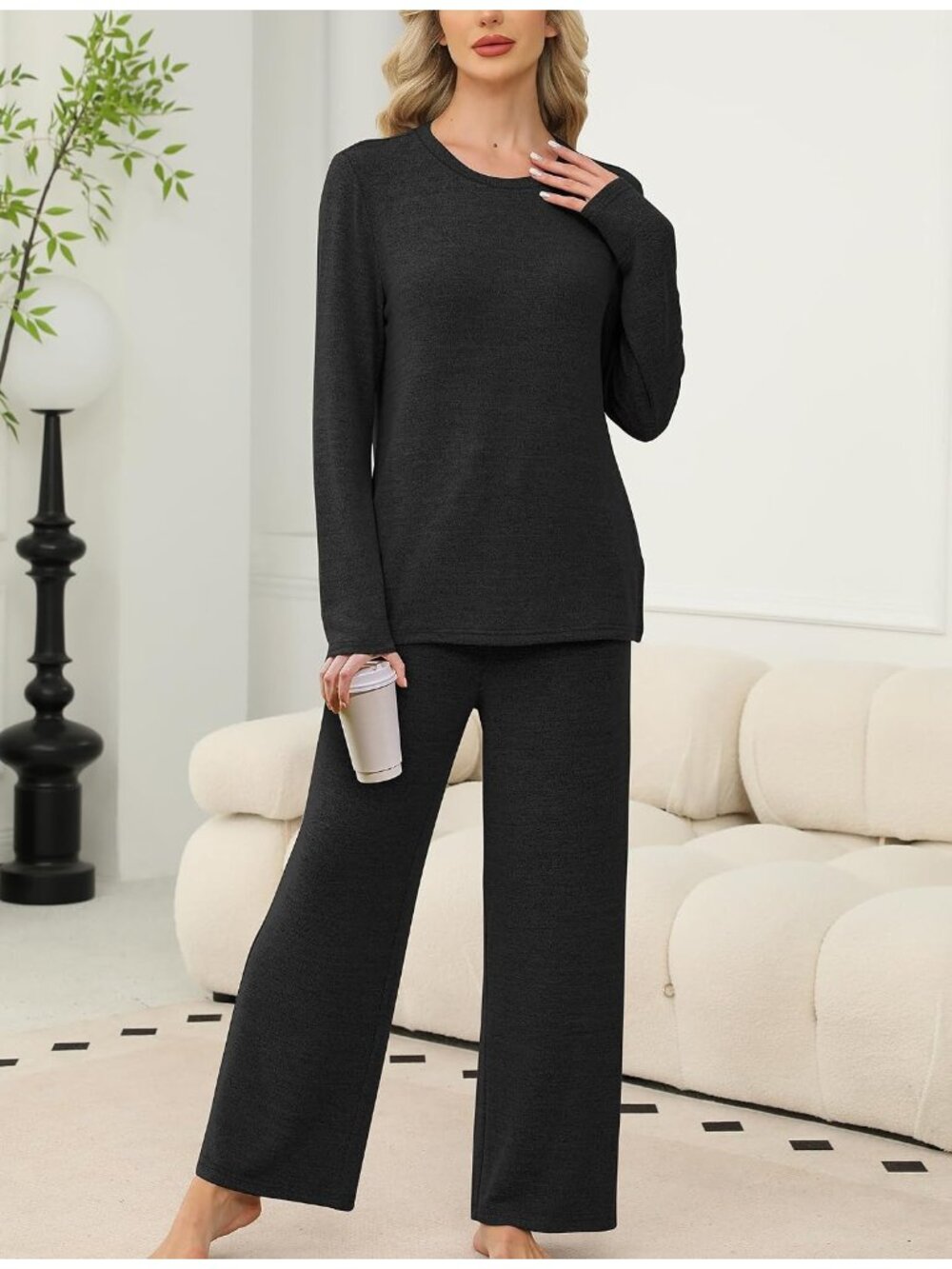 Women's Black Long Sleeve Shirt Sleepwear Two Piece Pajamas Set - Picture 3 of 5